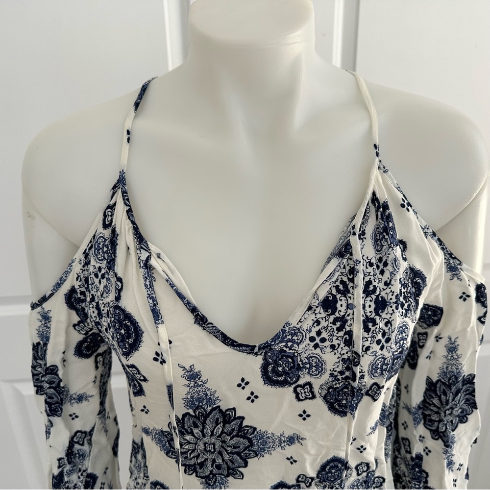 Blue & White Floral Paisley Print Boho Festival Cutout Dress - Picture 11 of 17